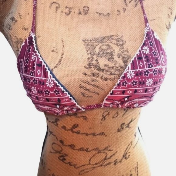 Agua Bendita, Itsy Bitsy Teeny Weeny Maroon & White Bandana String Bikini Top S - Picture 7 of 7